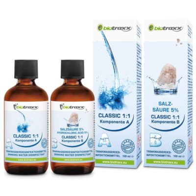 Biotraxx Wasseraufbereiter CLASSIC 1:1 Set mit Salzsäure 5% – 2x 100 ml